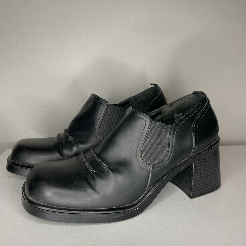 Faded Glory Y2K Black Chunky Block Heel Leather Pleated Loafer Boot Womens 9.5